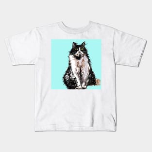 Tuxedo Cat Cute Drawing - on Turquoise Kids T-Shirt